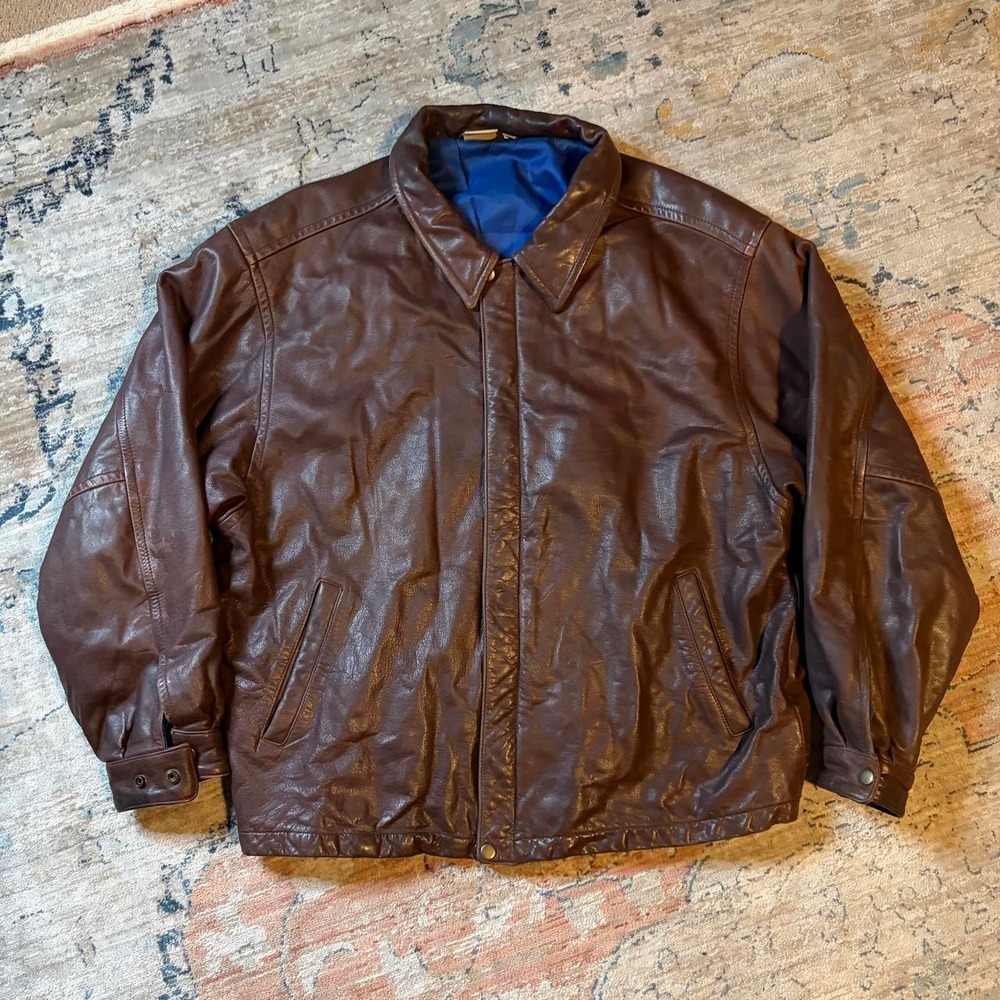 Vintage Merit Awards Brown Leather Bomber Jacket Mens XL Blue Lining Zip Up